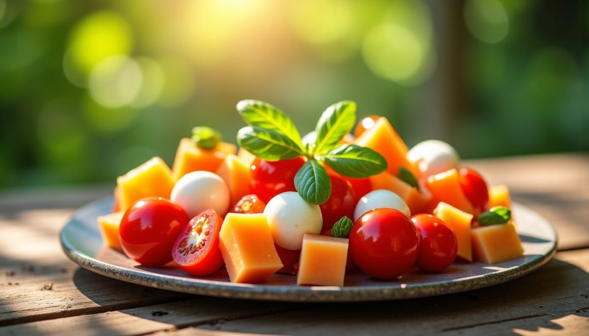 Salade estivale : alliance fraîcheur entre tomates juteuses, melon sucré et mozzarella fondante