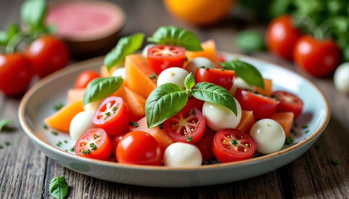 Délice Estival : Salade Rafraîchissante Tomates, Melon et Mozzarella